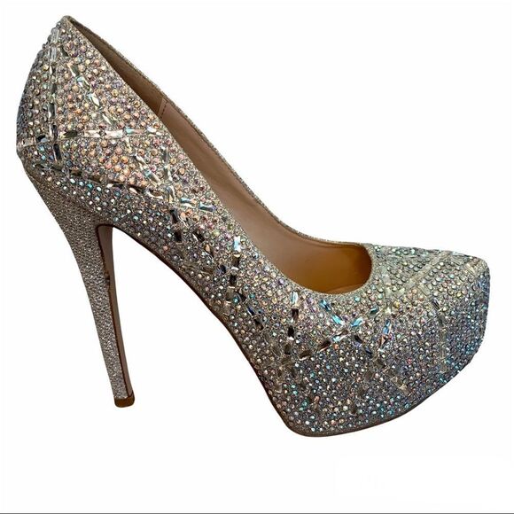Silver with embellished iridescent Rhinestone gem platform pump High heels 8.5 - Picture 1 of 8